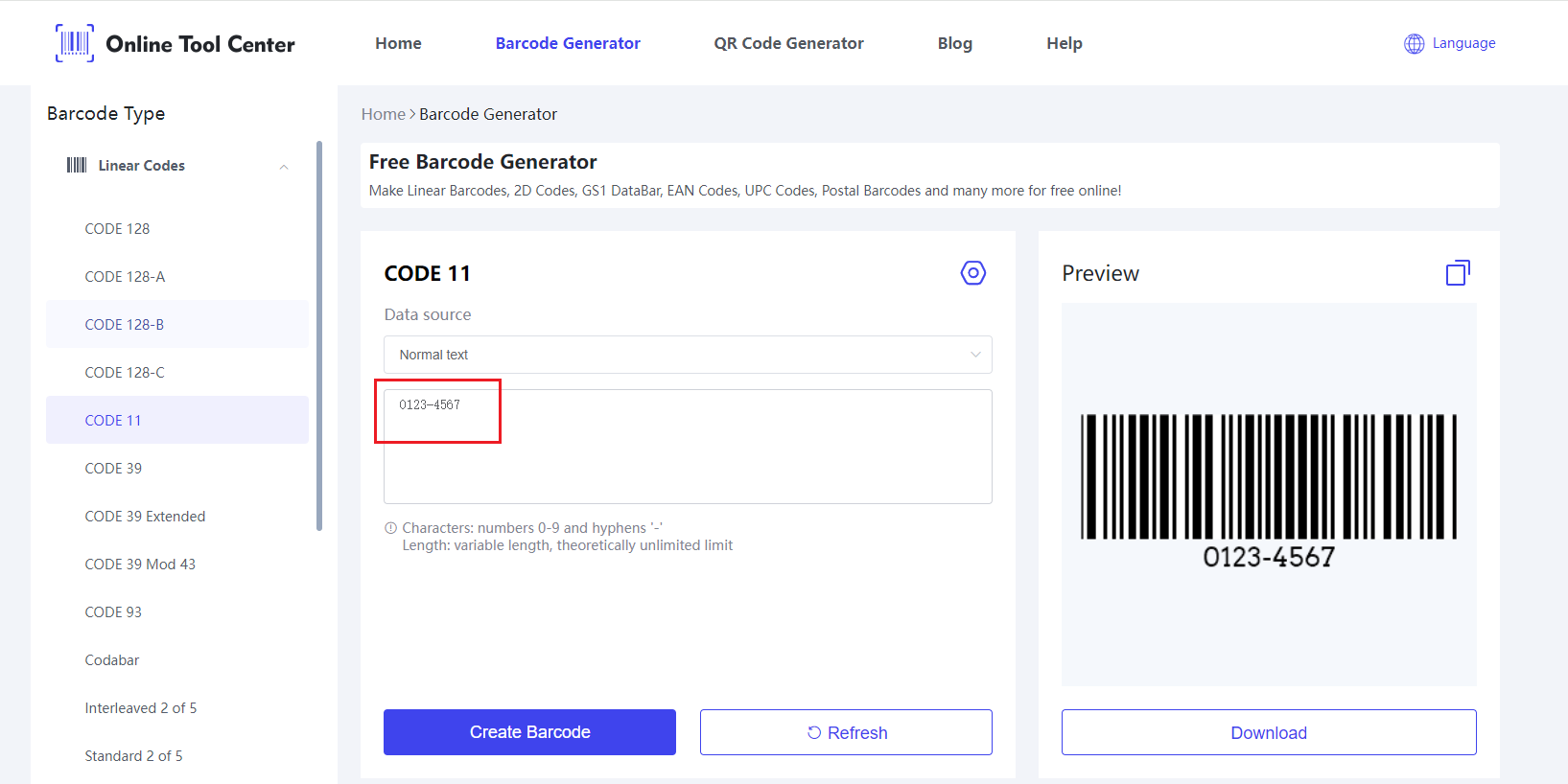 Data masukan pada Kode 11 Barcode Generator.png